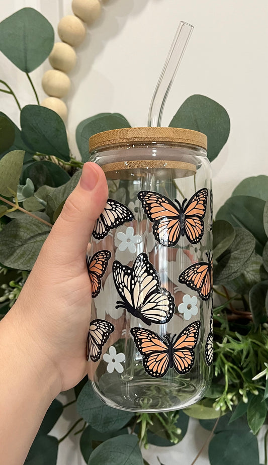 Butterflies 16oz Glass Can