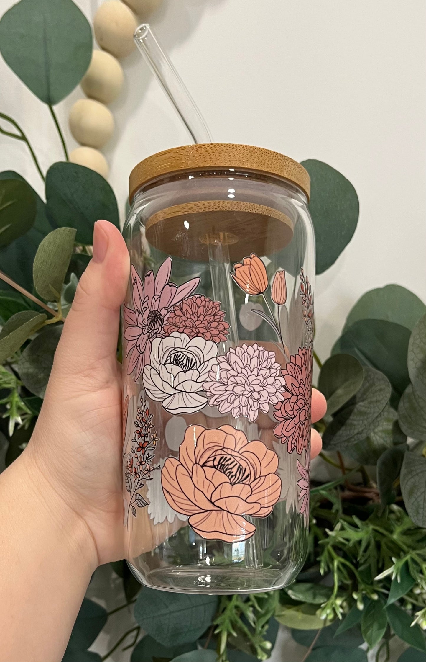 Boho Flowers 16oz Glass Can