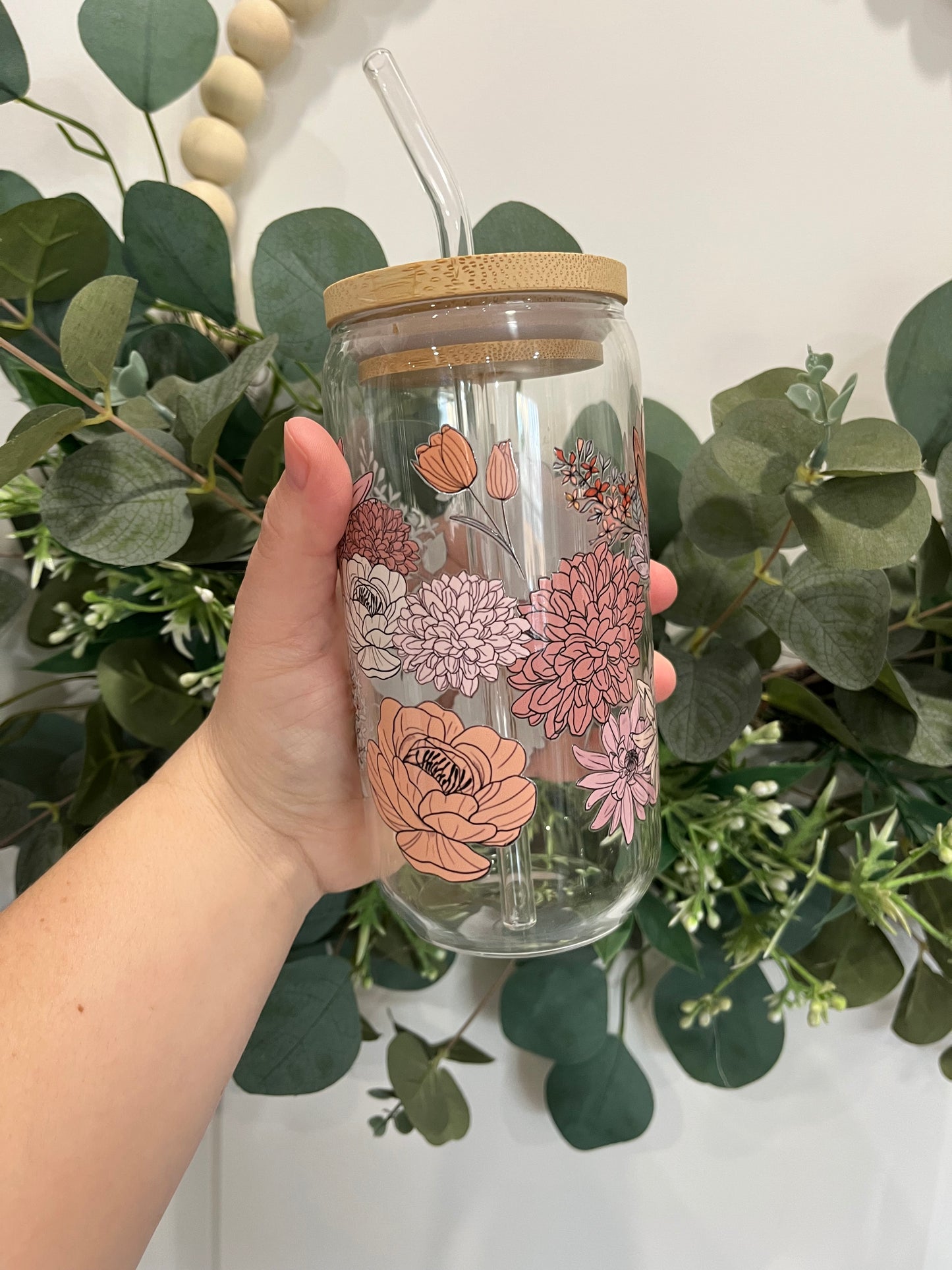 Boho Flowers 16oz Glass Can