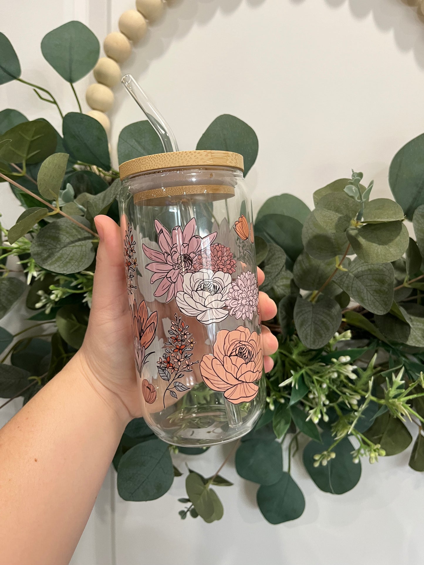 Boho Flowers 16oz Glass Can